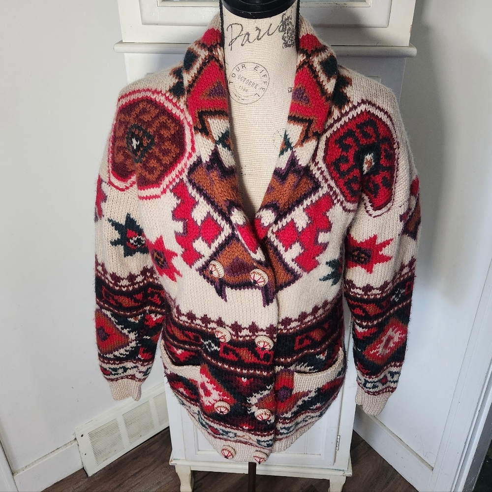 Vintage Red and Cream Geometric Shawl Collar Cardigan - Picture 5 of 10
